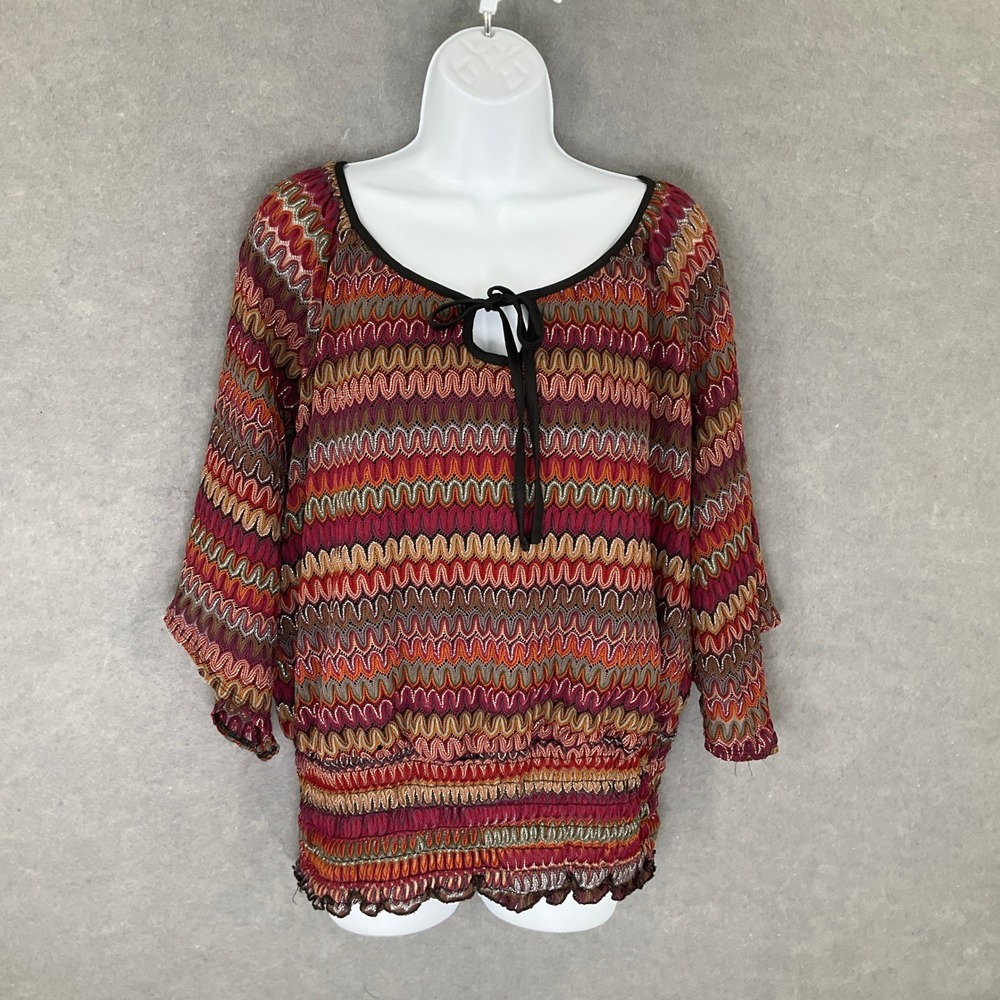 Roz‎ & Ali XL Top Blouse Multicolor Wavy Pattern Smocked Waist Tie Neck Bohemian